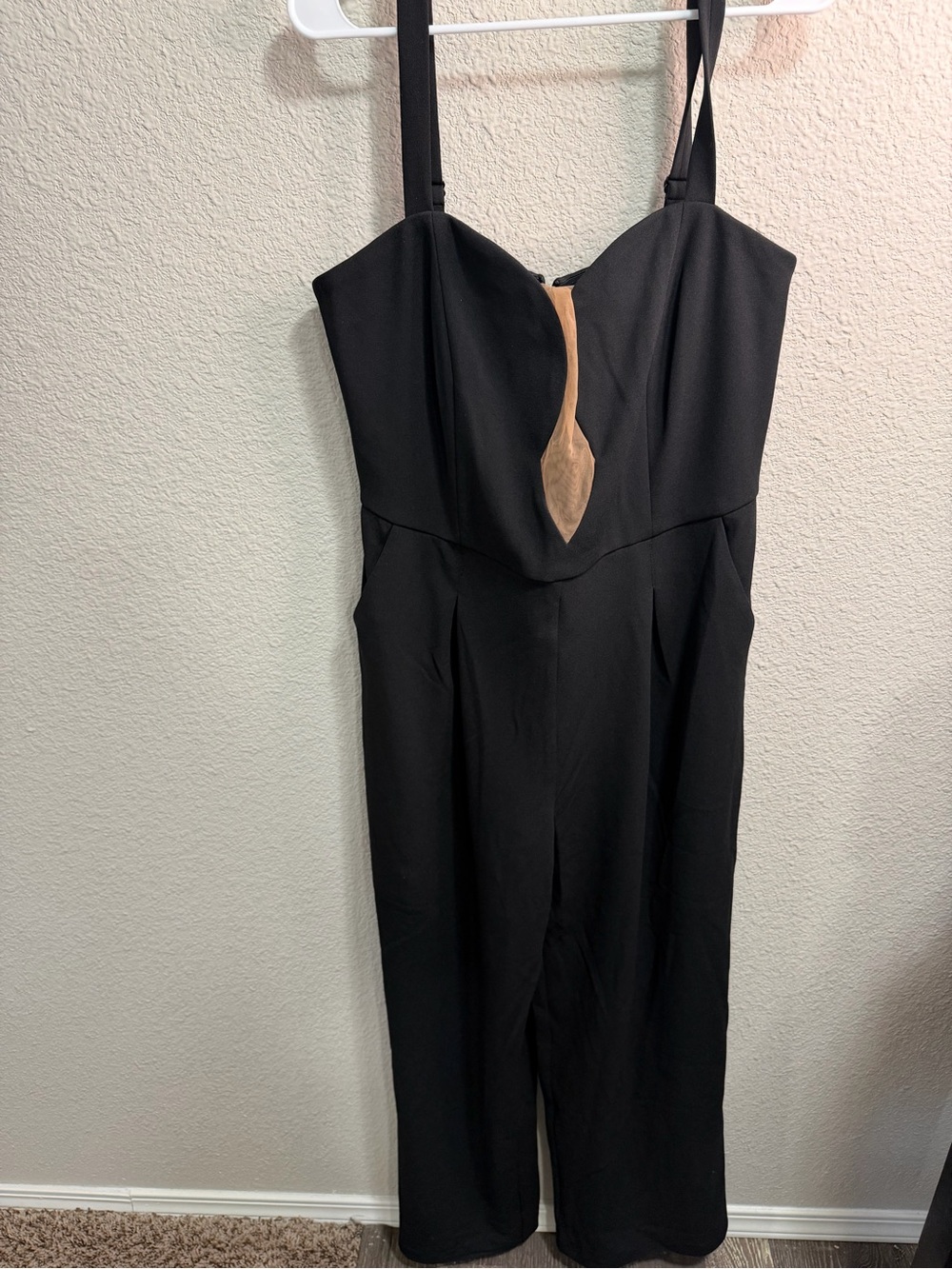 City Chic Black Jumpsuit with Beige Mesh Detail